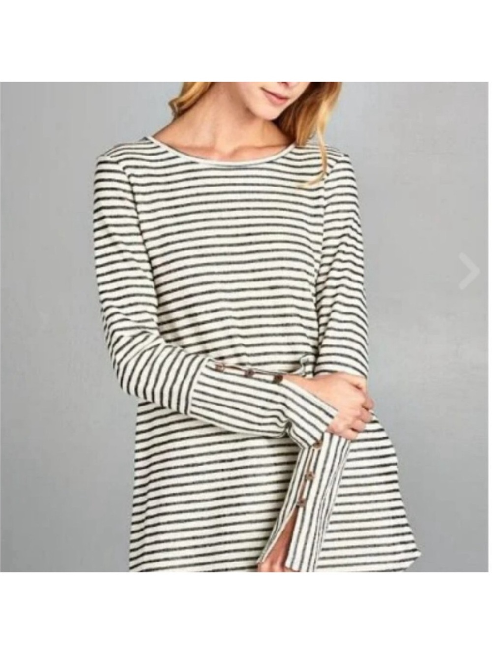 Hailey & Co White Black Striped Long Sleeve Slit Buttons Tunic Top Medium EUC